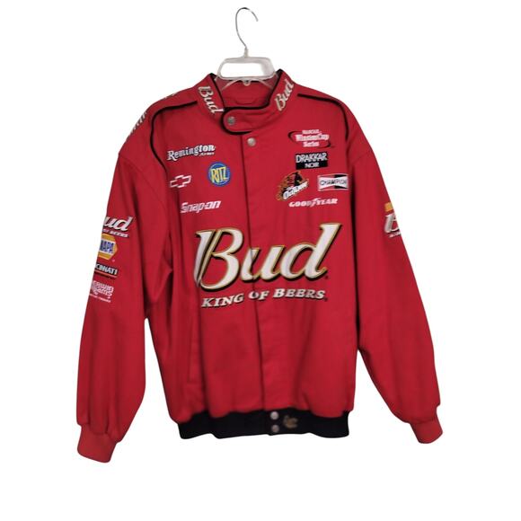 M655)Chase Authentic Dale Earnhardt Jr #8 Budweiser Red Twill Jacket Size Large - Picture 1 of 15